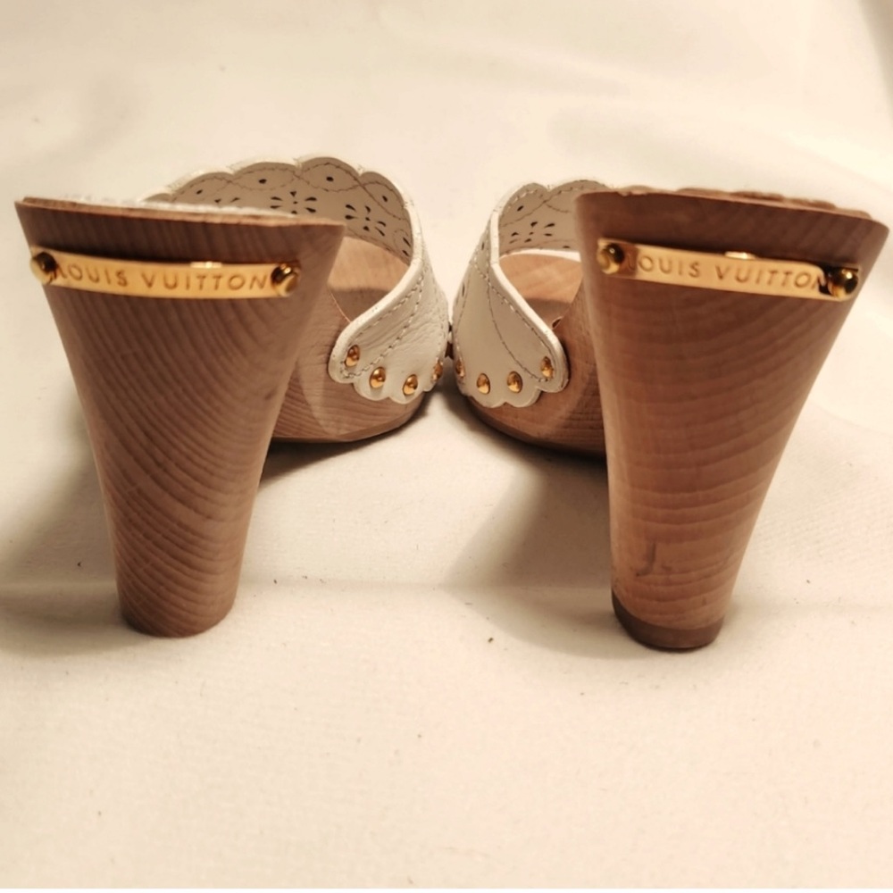 Louis Vuitton White and Brown Leather and Wood Mules NWOT